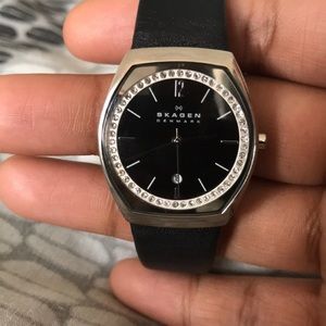 Skagen Polished Steel Crystals Black Leather Band